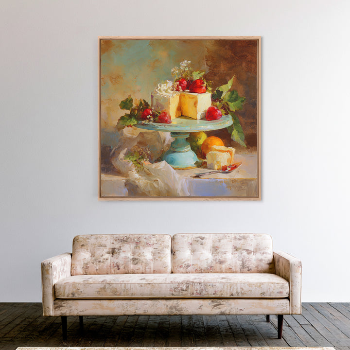 Pastel Cake Stand Framed Canvas Print, Bakery Art, Boho Decor, Bakery Decor, Oil Painting, Patisserie, Printable Wall Art, BAK-1x1-37
