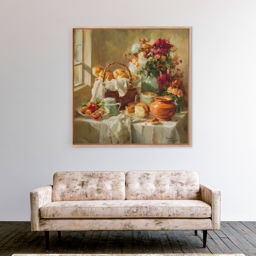 French Market Basket Filled Framed Canvas Print, Bakery Art, French Wall Art, Bakery Decor, Fine Art, Patisserie, Room Decor, BAK-1x1-42