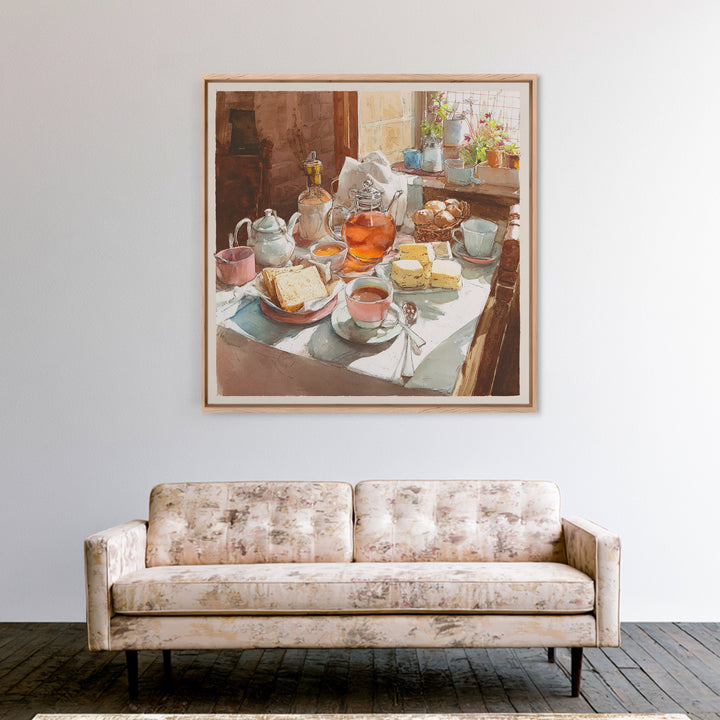Tea and Scone Arrangement Framed Canvas Print, Bakery Art, Watercolor Painting, Bakery Decor, Patisserie, Aesthetic Wall Art, BAK-1x1-44
