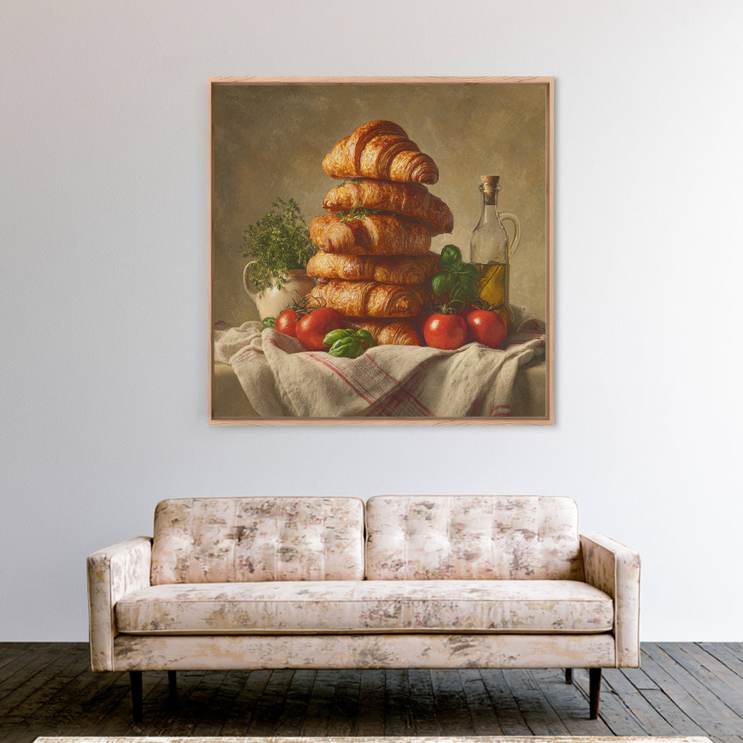 Buttery Croissants Stacked on Striped Linen Canvas Print, Bakery Art, Room Decor, Bakery Decor, Abstract Art, Patisserie, BAK-1x1-49