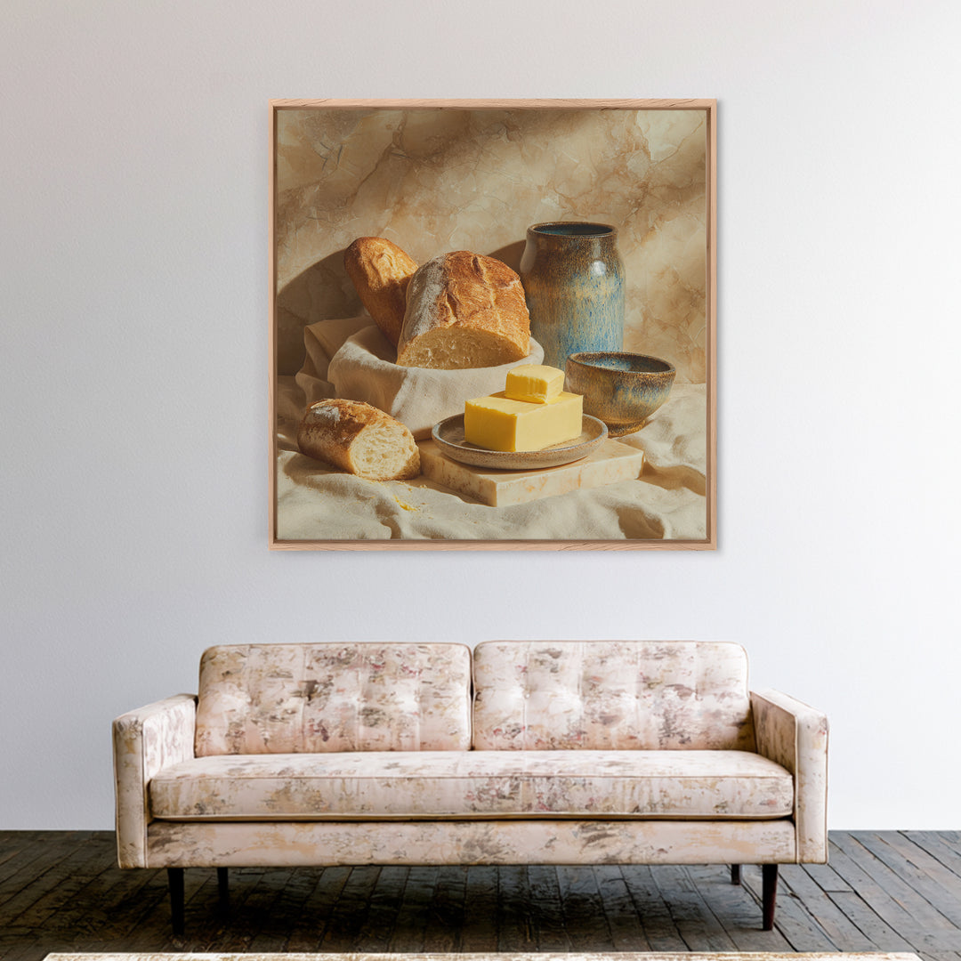 Baguette and Butter Still Life on Marble Framed Canvas Print, Bakery Art, Watercolor Painting, Bakery Decor, Patisserie, BAK-1x1-56