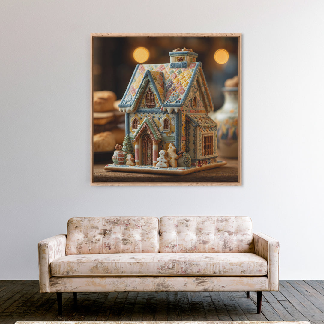 Gingerbread Houses in Charming Folk Art Style Framed Canvas Print, Bakery Art, Gallery Decor, Bakery Decor, Patisserie, BAK-1x1-62