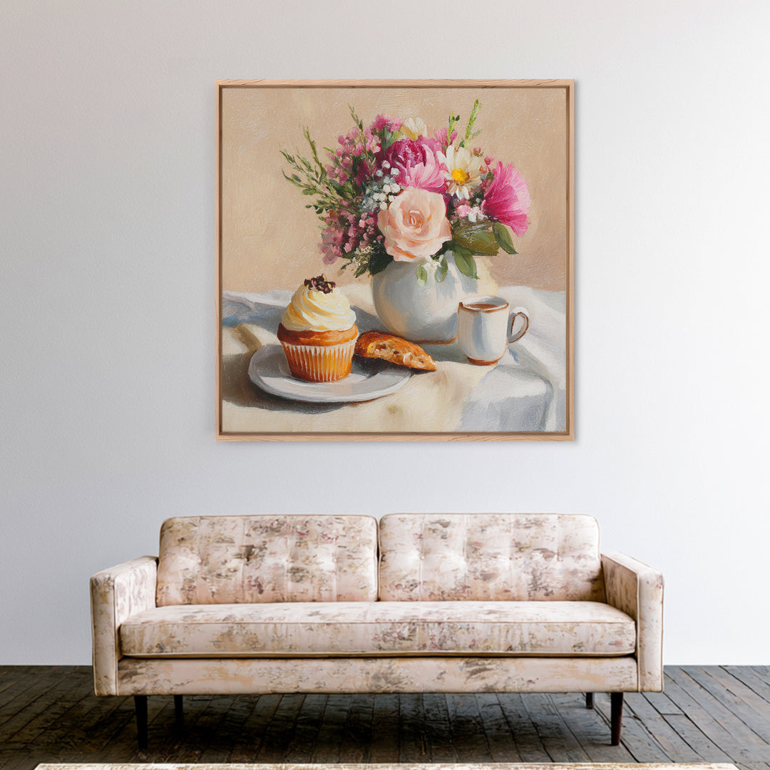 Cupcake Bouquet Painted Framed Canvas Print, Bakery Art, Boho Decor, Bakery Decor, Oil Painting, Patisserie, Printable Wall Art, BAK-1x1-79