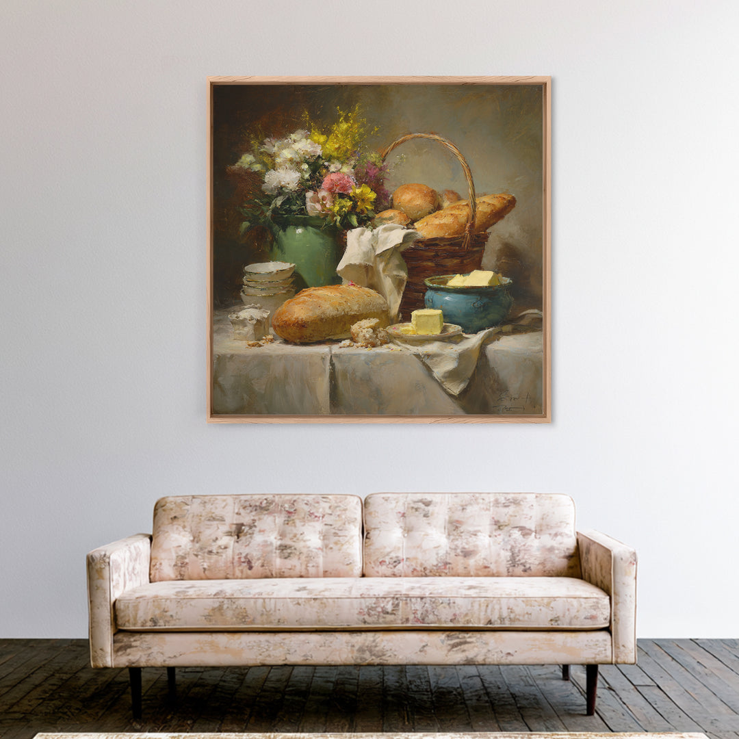 French Market Basket Filled Canvas Print, Bakery Art, Neutral Decor, Bakery Decor, Oil Painting, Patisserie, Home Decor, BAK-1x1-90