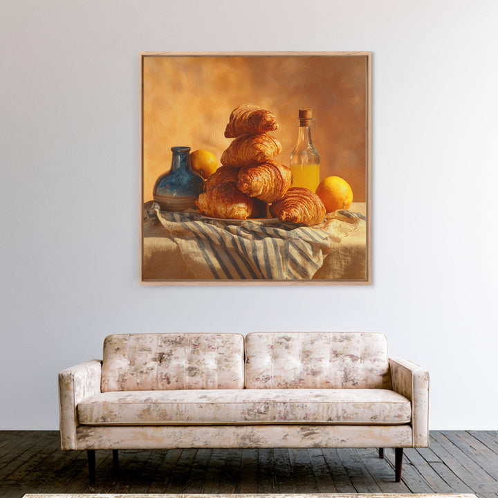 Buttery Croissants Stacked on Striped Linen Canvas Print, Bakery Art, Kitchen Wall Art, Bakery Decor, Fine Art, Patisserie, BAK-1x1-97