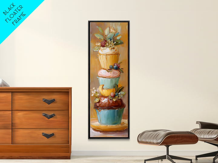 Cupcake Bouquet Painted Framed Canvas Print, Bakery Art, Kitchen Wall Decor, Bakery Decor, Patisserie, Whimsical Wall Art, BAK-1x3-19