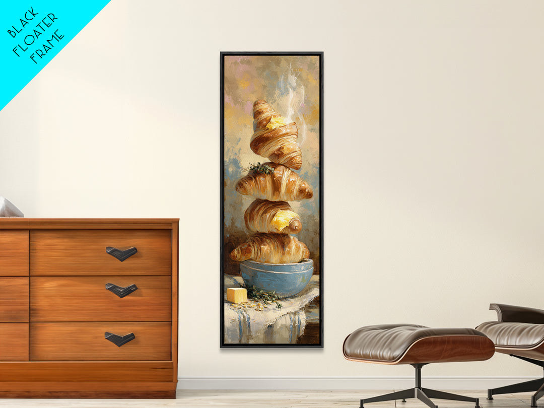 Buttery Croissants Stacked on Striped Linen Canvas Print, Bakery Art, Kitchen Art, Bakery Decor, Abstract Art, Patisserie, BAK-1x3-85