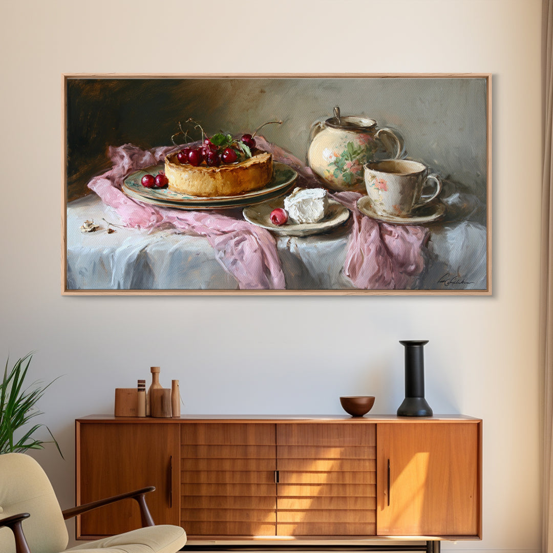 Cherry Tart Still Life Framed Canvas Print, Bakery Art, Digital Print, Bakery Decor, Fine Art, Patisserie, Kitchen Art Print, BAK-2x1-1