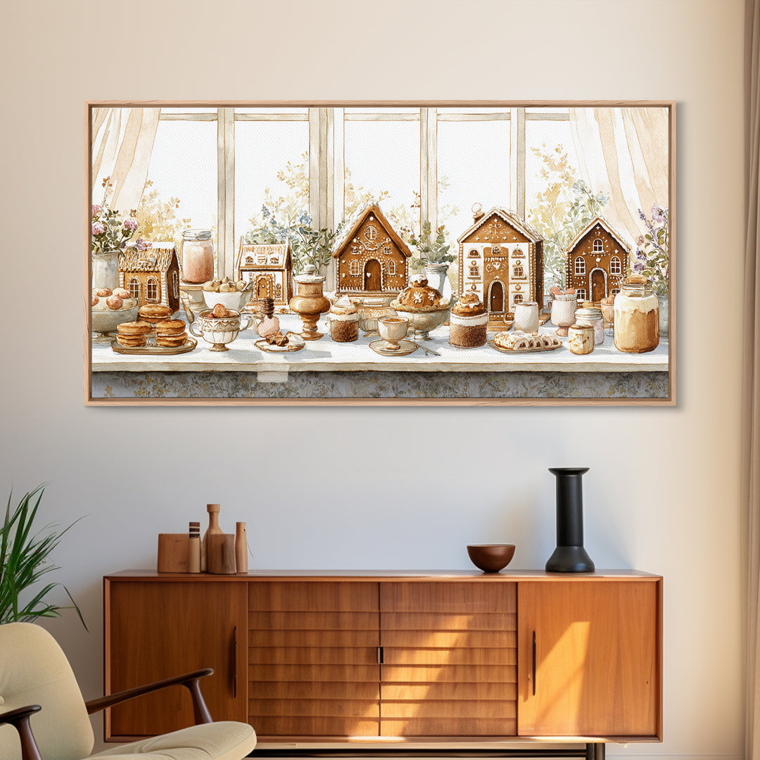 Gingerbread Houses in Charming Folk Art Style Framed Canvas Print, Bakery Art, Contemporary Art, Bakery Decor, Patisserie, BAK-2x1-10