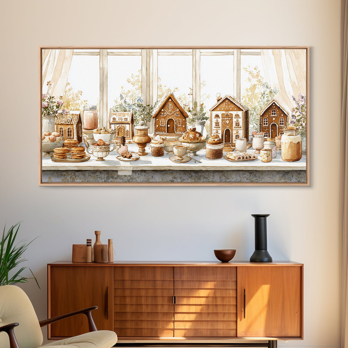 Gingerbread Houses in Charming Folk Art Style Framed Canvas Print, Bakery Art, Contemporary Art, Bakery Decor, Patisserie, BAK-2x1-10