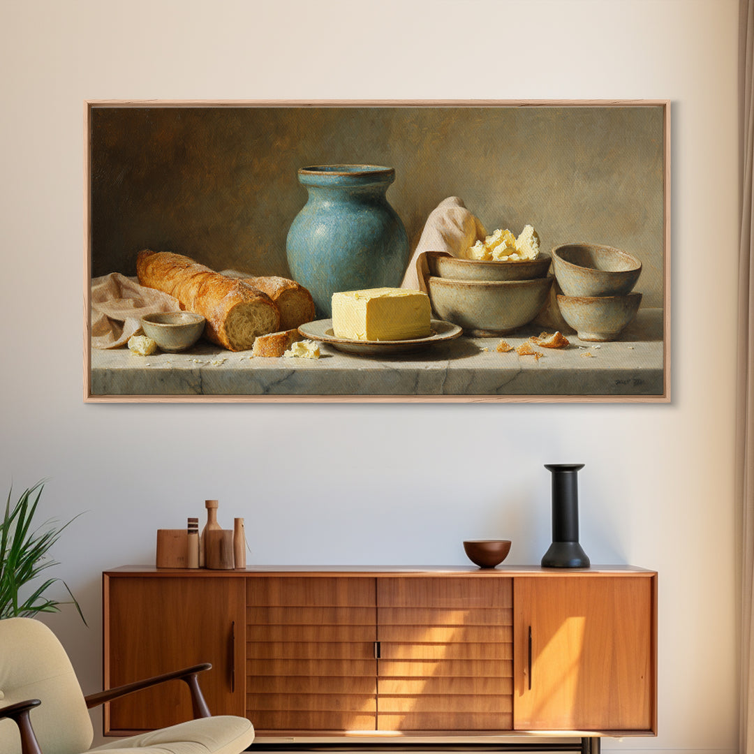Baguette and Butter Still Life on Marble Framed Canvas Print, Bakery Art, Neutral Wall Art, Bakery Decor, Fine Art, Patisserie, BAK-2x1-100