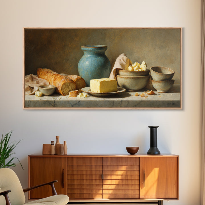 Baguette and Butter Still Life on Marble Framed Canvas Print, Bakery Art, Neutral Wall Art, Bakery Decor, Fine Art, Patisserie, BAK-2x1-100