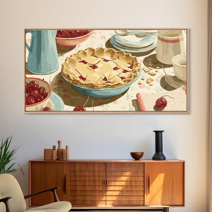 Retro Diner Pie Illustration Framed Canvas Print, Bakery Art, Room Decor, Bakery Decor, Fine Art, Patisserie, Digital Print, BAK-2x1-12