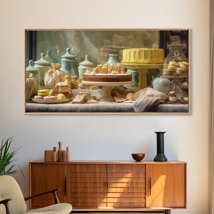 French Patisserie Window Display of Pastel Pastries Canvas Print, Bakery Art, Textured Painting, Bakery Decor, Patisserie, BAK-2x1-22