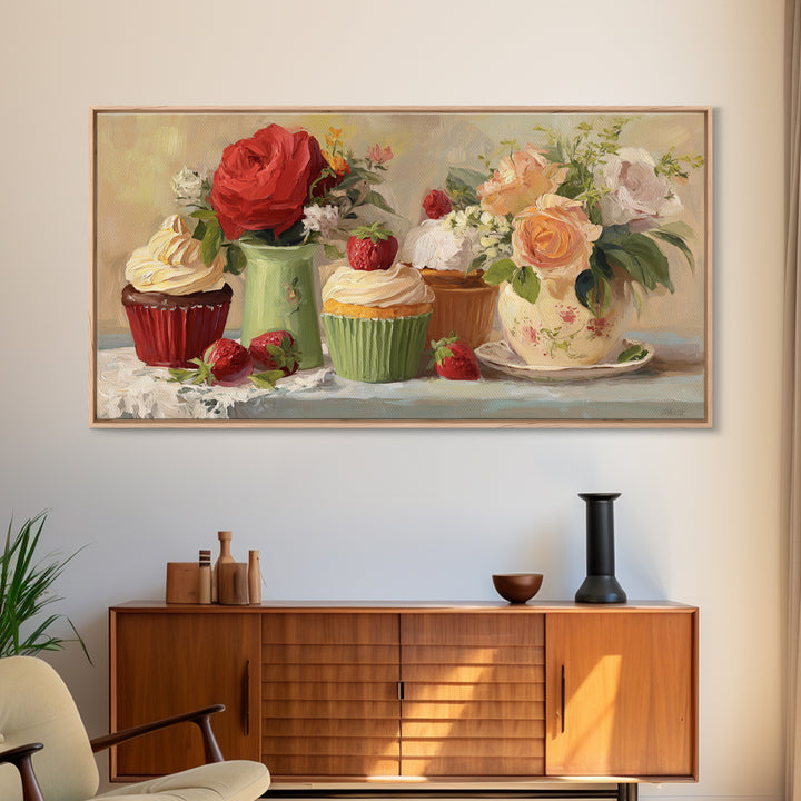 Cupcake Bouquet Painted Framed Canvas Print, Bakery Art, Boho Decor, Bakery Decor, Oil Painting, Patisserie, Printable Wall Art, BAK-2x1-27