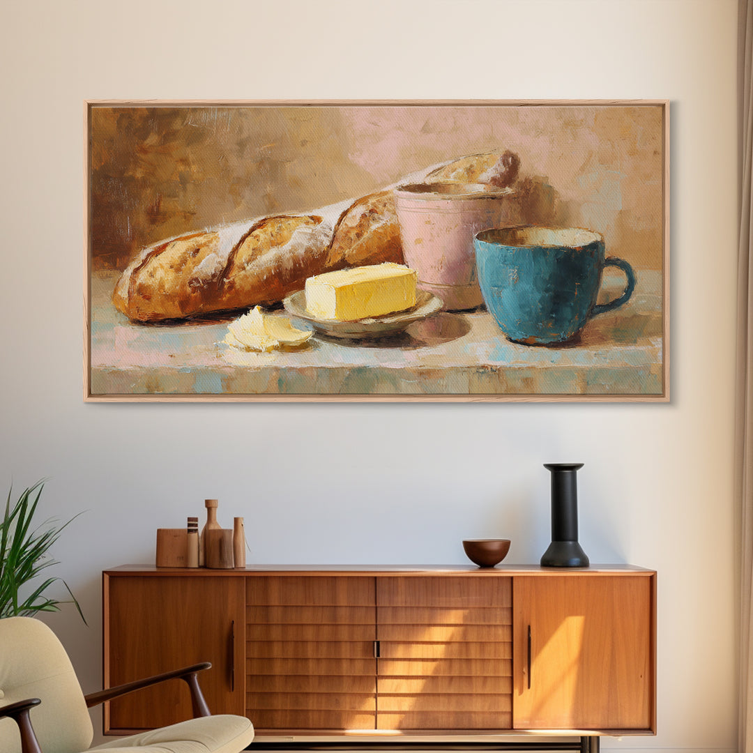 Baguette and Butter Still Life on Marble Framed Canvas Print, Bakery Art, Contemporary Art, Bakery Decor, Fine Art, Patisserie, BAK-2x1-28