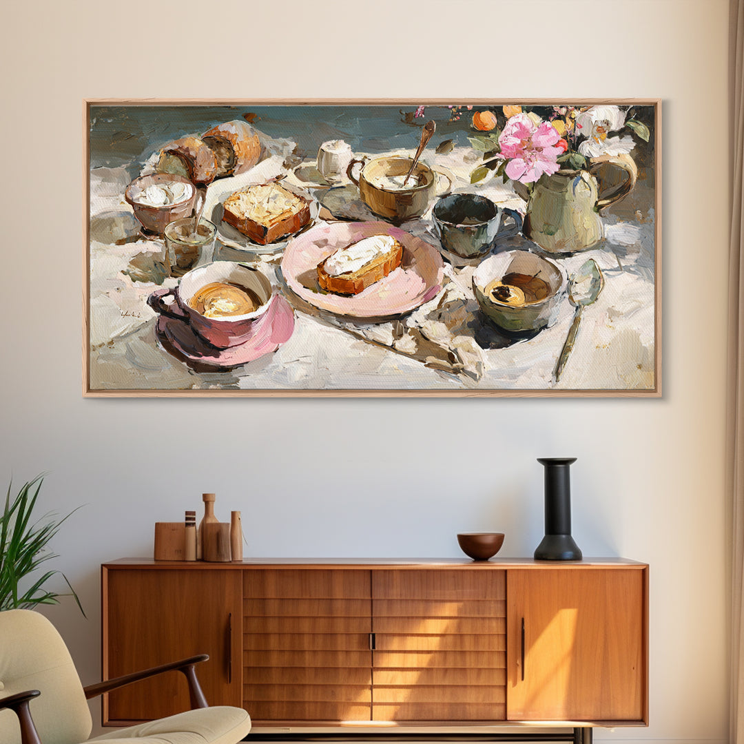 Painterly Eclair and Coffee Still Life Canvas Print, Bakery Art, Wall Art, Bakery Decor, Oil Painting, Patisserie, BAK-2x1-32
