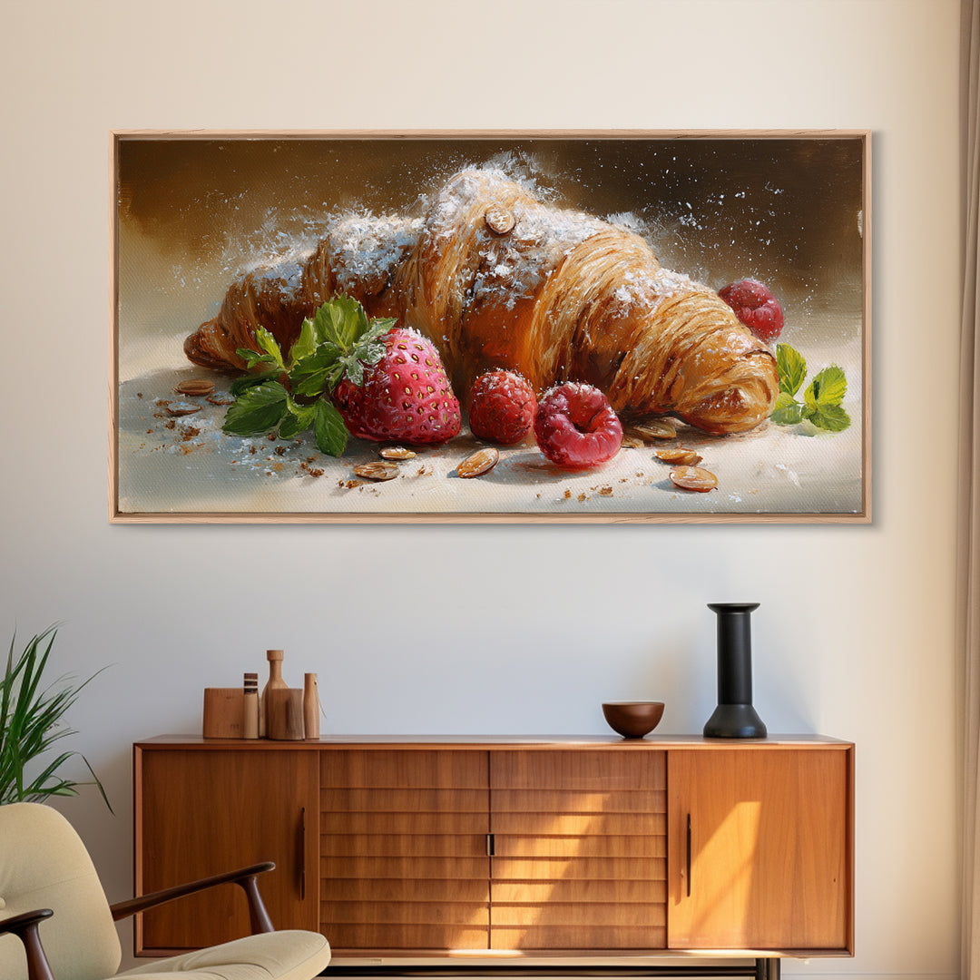 Almond Croissant Closeup Framed Canvas Print, Bakery Art, Wall Art, Bakery Decor, Oil Painting, Patisserie, Kitchen Wall Decor, BAK-2x1-35