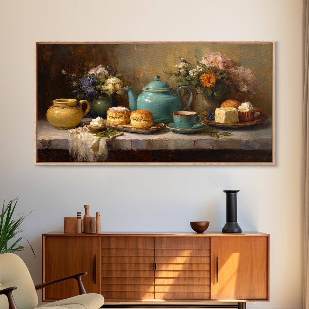 Tea and Scone Arrangement Framed Canvas Print, Bakery Art, Wall Decor, Bakery Decor, Fine Art, Patisserie, Kitchen Prints, BAK-2x1-40