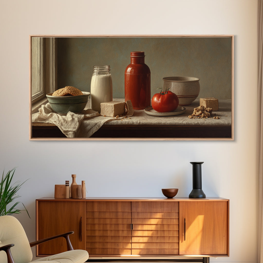 Milk Bottle and Cookies Nostalgic Still Life Framed Canvas Print, Bakery Art, Room Decor, Bakery Decor, Fine Art, Patisserie, BAK-2x1-42