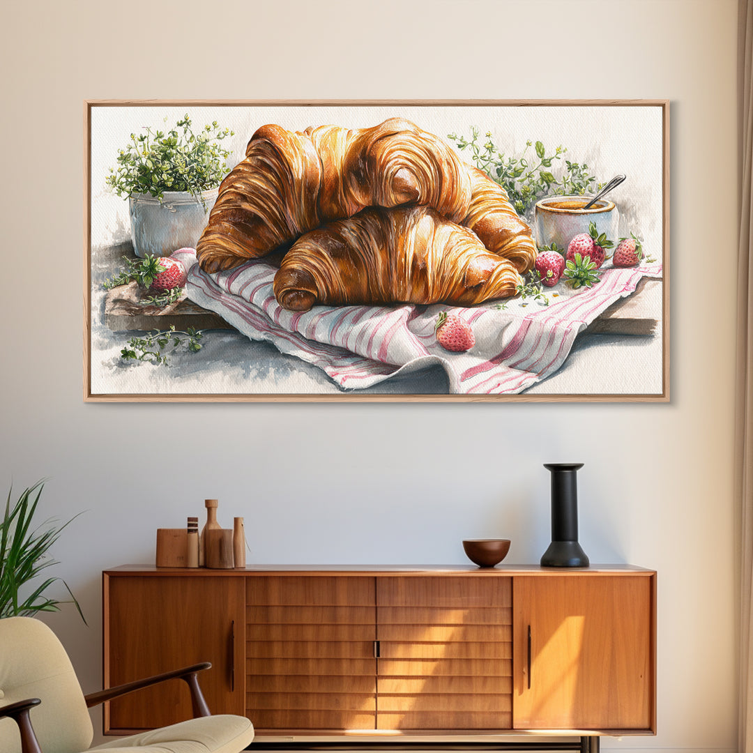Buttery Croissants Stacked on Striped Linen Framed Canvas Print, Bakery Art, Kitchen Wall Decor, Bakery Decor, Patisserie, BAK-2x1-45