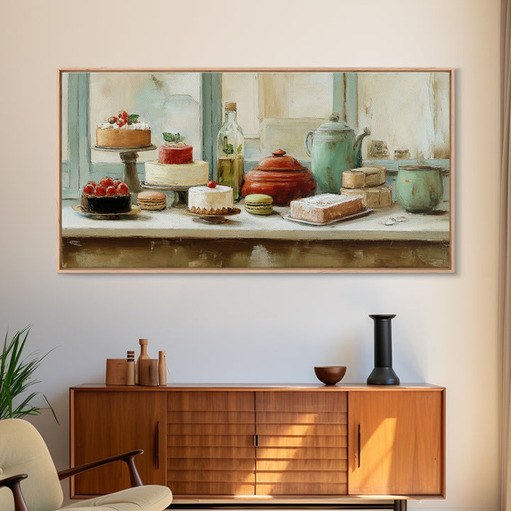 French Patisserie Window Display of Pastel Pastries Framed Canvas Print, Bakery Art, Wall Decor, Bakery Decor, Patisserie, BAK-2x1-46