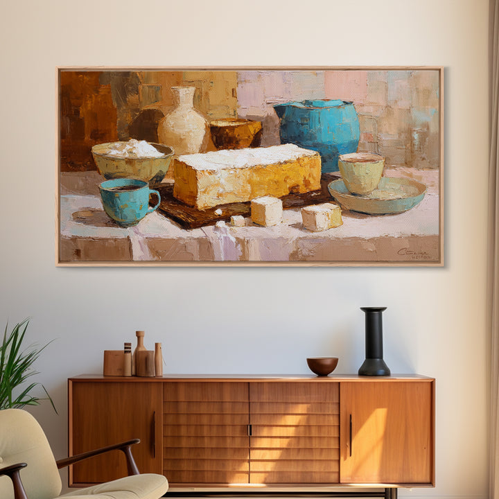 Painterly Eclair and Coffee Still Life Framed Canvas Print, Bakery Art, Kitchen Decor, Bakery Decor, Fine Art, Patisserie, BAK-2x1-56