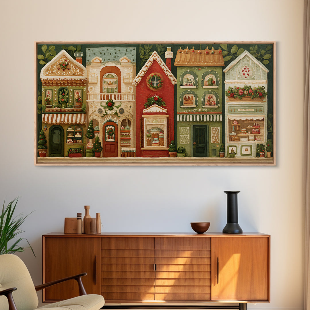 Gingerbread Houses in Charming Folk Art Style Canvas Print, Bakery Art, Printable Wall Art, Bakery Decor, Fine Art, Patisserie, BAK-2x1-58