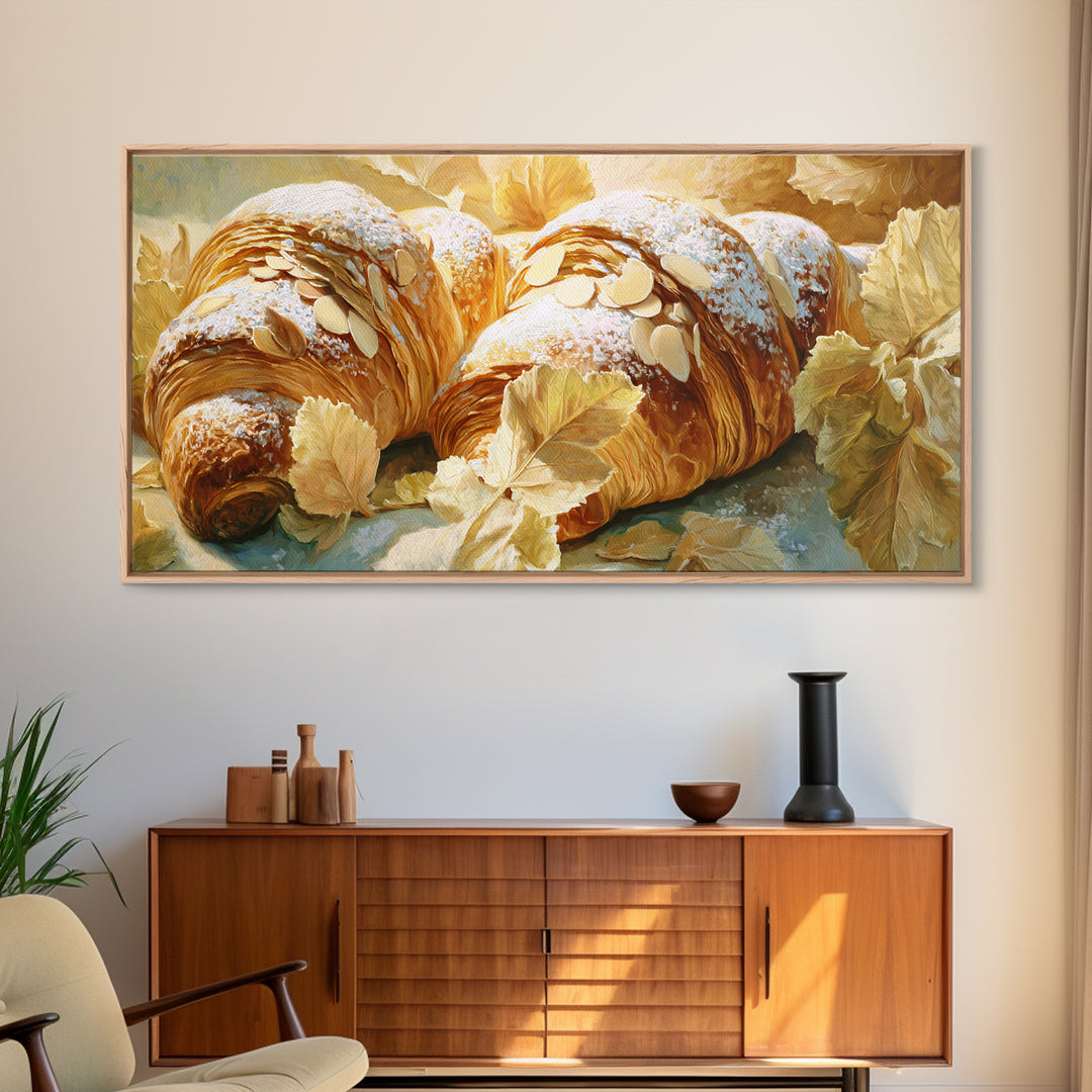 Almond Croissant Closeup Framed Canvas Print, Bakery Art, Aesthetic Wall Art, Bakery Decor, Watercolor Art, Patisserie, BAK-2x1-59