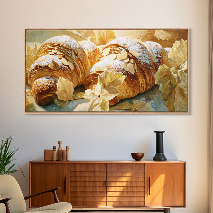 Almond Croissant Closeup Framed Canvas Print, Bakery Art, Aesthetic Wall Art, Bakery Decor, Watercolor Art, Patisserie, BAK-2x1-59