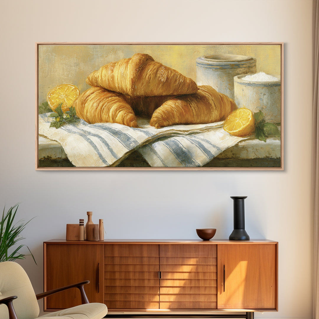 Buttery Croissants Stacked on Striped Linen Canvas Print, Bakery Art, Colorful Wall Art, Bakery Decor, Abstract Art, Patisserie, BAK-2x1-69