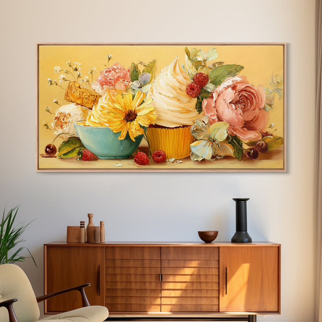 Cupcake Bouquet Painted Framed Canvas Print, Bakery Art, Room Decor, Bakery Decor, Fine Art, Patisserie, Digital Print, BAK-2x1-75