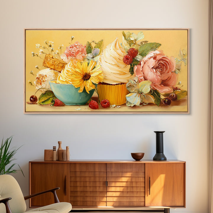 Cupcake Bouquet Painted Framed Canvas Print, Bakery Art, Room Decor, Bakery Decor, Fine Art, Patisserie, Digital Print, BAK-2x1-75