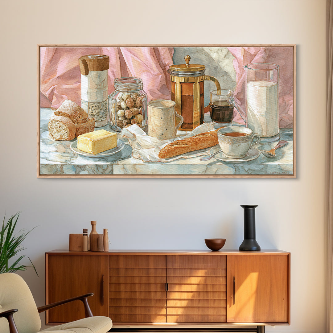 Baguette and Butter Still Life on Marble Canvas Print, Bakery Art, Kitchen Print, Bakery Decor, Fine Art, Patisserie, BAK-2x1-76