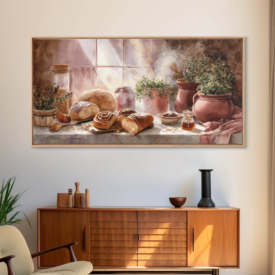 Cinnamon Rolls in a Warm Country Kitchen Framed Canvas Print, Bakery Art, Kids Art, Bakery Decor, Fine Art, Patisserie, BAK-2x1-79