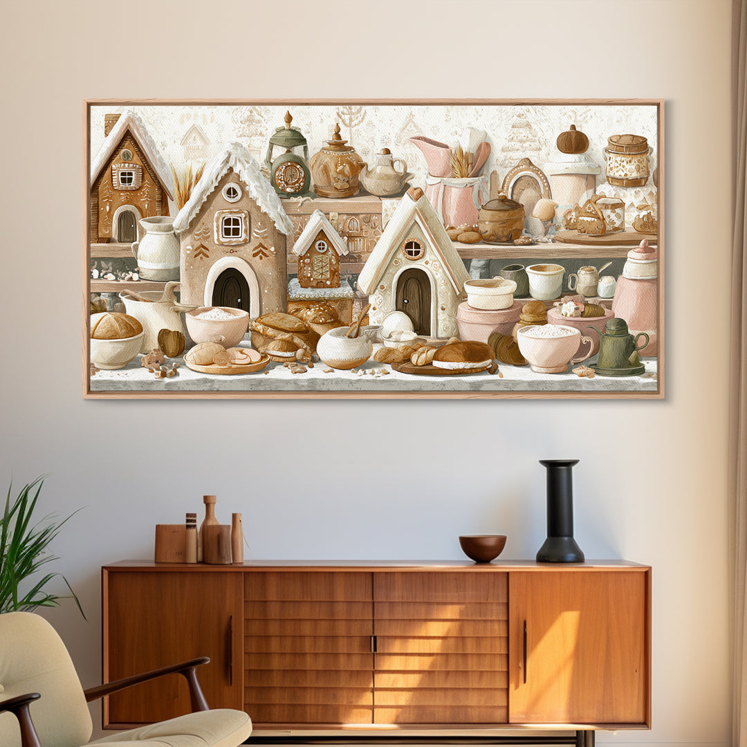 Gingerbread Houses in Charming Folk Art Style Canvas Print, Bakery Art, Printable Wall Art, Bakery Decor, Fine Art, Patisserie, BAK-2x1-82