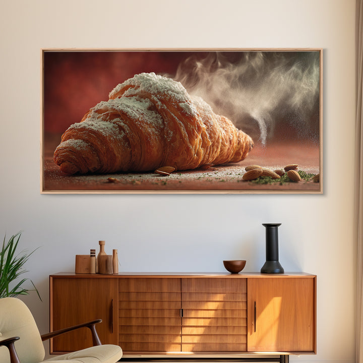 Almond Croissant Closeup Framed Canvas Print, Bakery Art, Print, Bakery Decor, Fine Art, Patisserie, Food Art, Kitchen Print, BAK-2x1-83