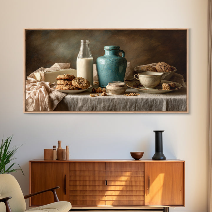 Milk Bottle and Cookies Nostalgic Still Life Framed Canvas Print, Bakery Art, Kitchen Wall Art, Bakery Decor, Oil Painting, BAK-2x1-90