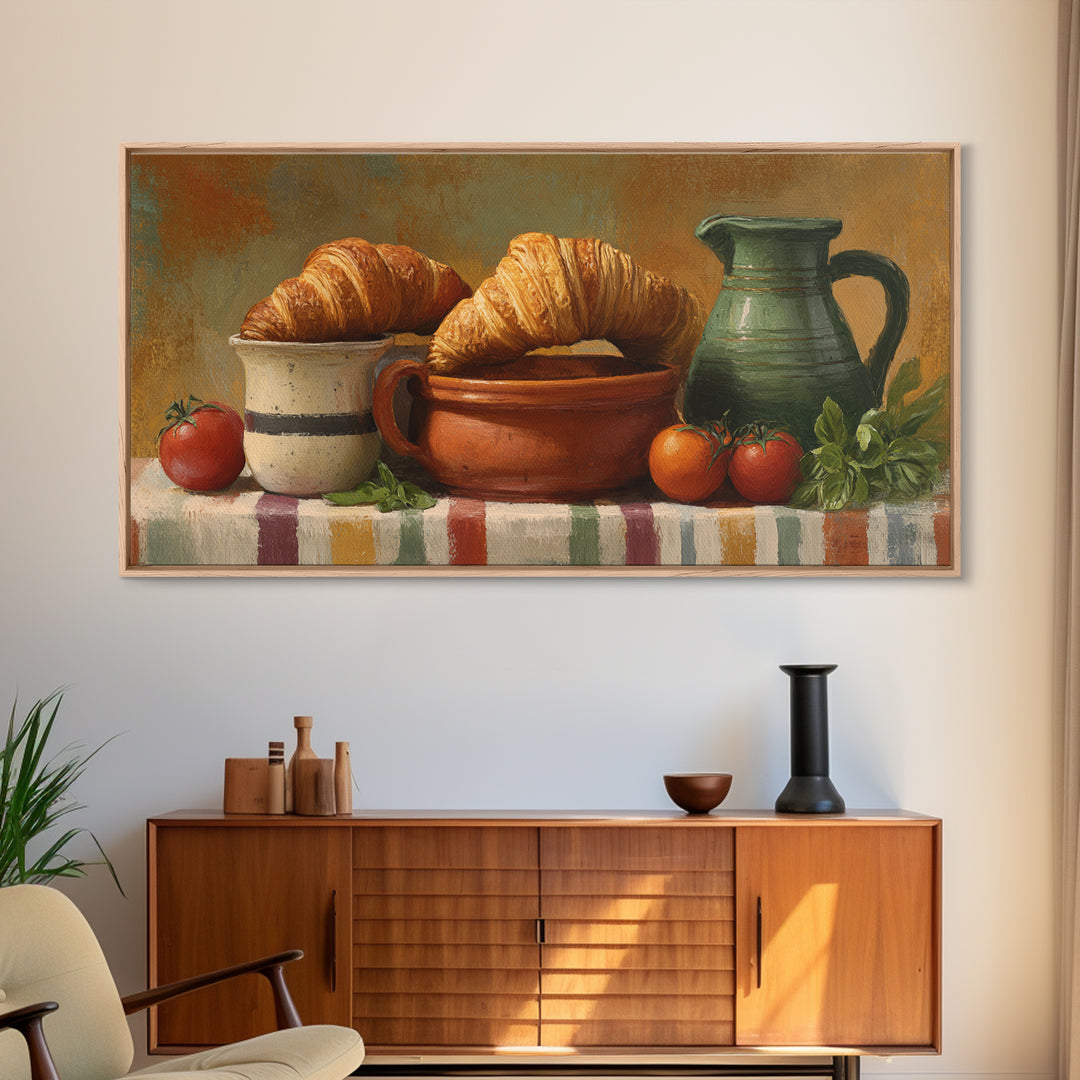 Buttery Croissants Stacked on Striped Linen Canvas Print, Bakery Art, Colorful Wall Art, Bakery Decor, Abstract Art, Patisserie, BAK-2x1-93