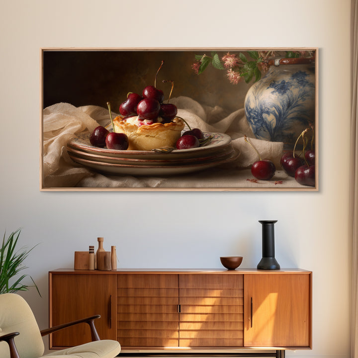 Cherry Tart Still Life Framed Canvas Print, Bakery Art, Digital Download Art, Bakery Decor, Fine Art, Patisserie, Neutral Decor, BAK-2x1-97
