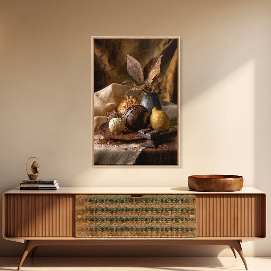 Chocolate Truffle Still Life Framed Canvas Print, Bakery Art, Room Decor, Bakery Decor, Fine Art, Patisserie, Digital Print, BAK-2x3-3