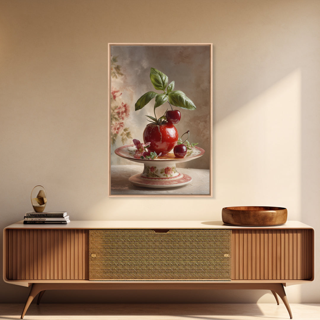 Cherry Tart Still Life Framed Canvas Print, Bakery Art, Watercolor Painting, Bakery Decor, Patisserie, Aesthetic Wall Art, BAK-2x3-37