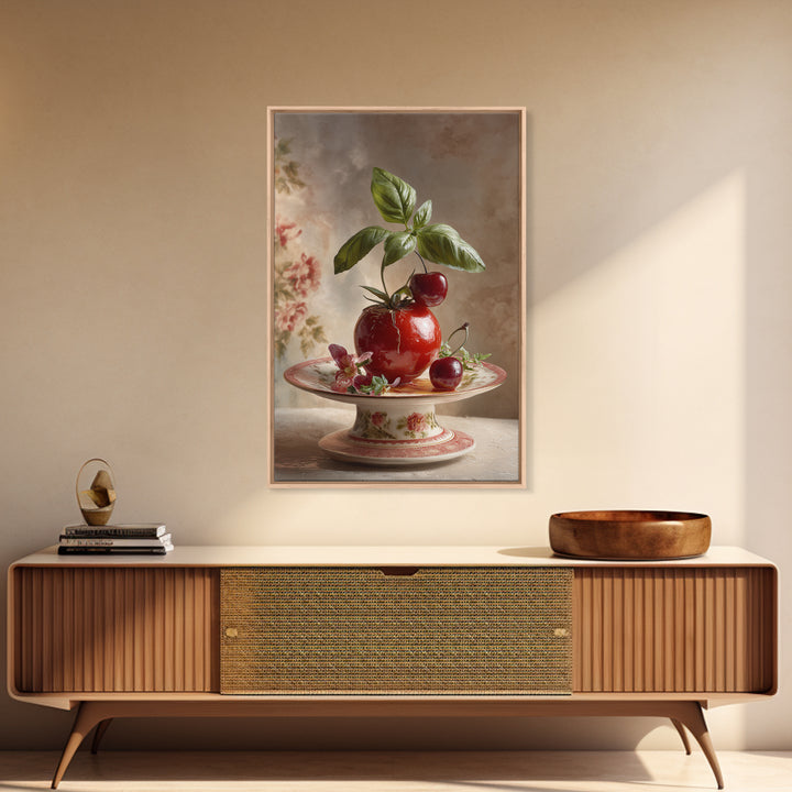 Cherry Tart Still Life Framed Canvas Print, Bakery Art, Watercolor Painting, Bakery Decor, Patisserie, Aesthetic Wall Art, BAK-2x3-37