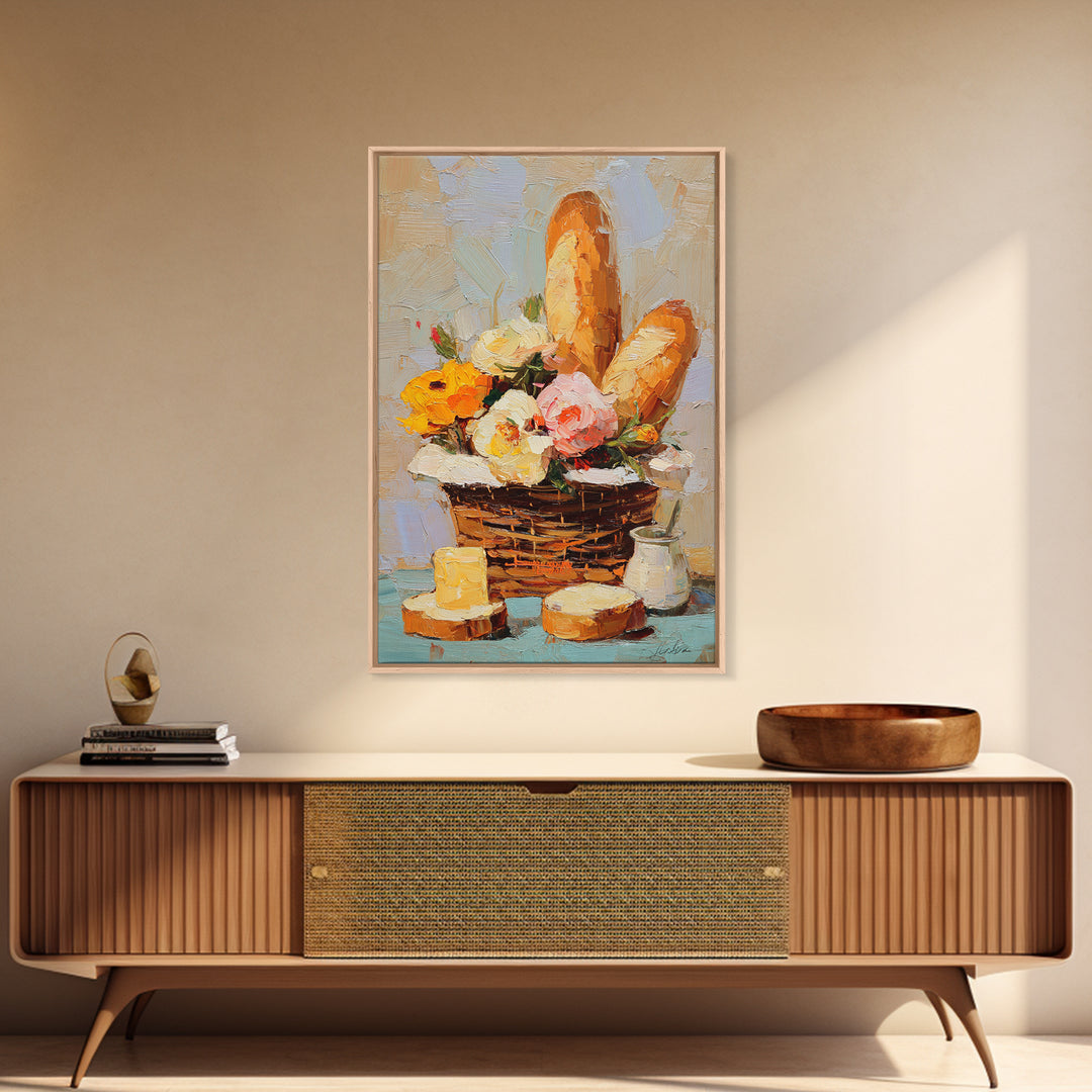 French Market Basket Filled Canvas Print, Bakery Art, Print, Bakery Decor, Oil Painting, Patisserie, Food Art, Kitchen Print, BAK-2x3-50