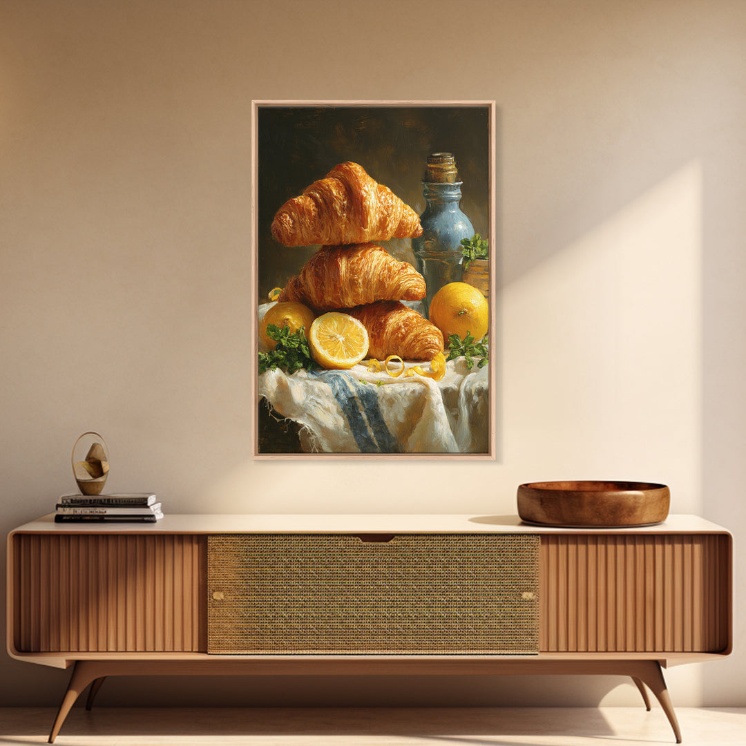 Buttery Croissants Stacked on Striped Linen Canvas Print, Bakery Art, Watercolor Print, Bakery Decor, Fine Art, Patisserie, BAK-2x3-57
