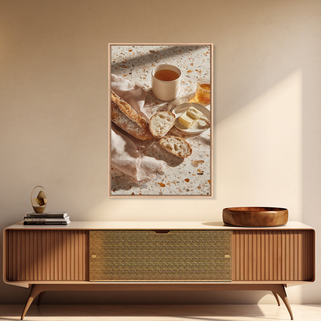 Baguette and Butter Still Life on Marble Framed Canvas Print, Bakery Art, Printable Wall Art, Bakery Decor, Patisserie, BAK-2x3-64