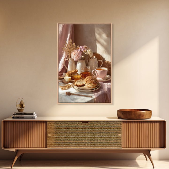 Tea and Scone Arrangement Framed Canvas Print, Bakery Art, Whimsical Wall Art, Bakery Decor, Fine Art, Patisserie, Luxury Decor, BAK-2x3-76