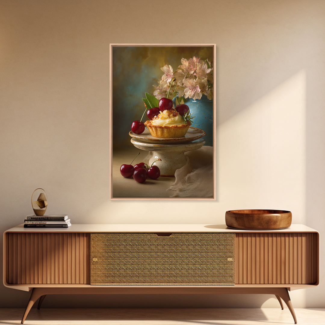 Cherry Tart Still Life Framed Canvas Print, Bakery Art, Neutral Wall Art, Bakery Decor, Fine Art, Patisserie, Statement Artwork, BAK-2x3-85