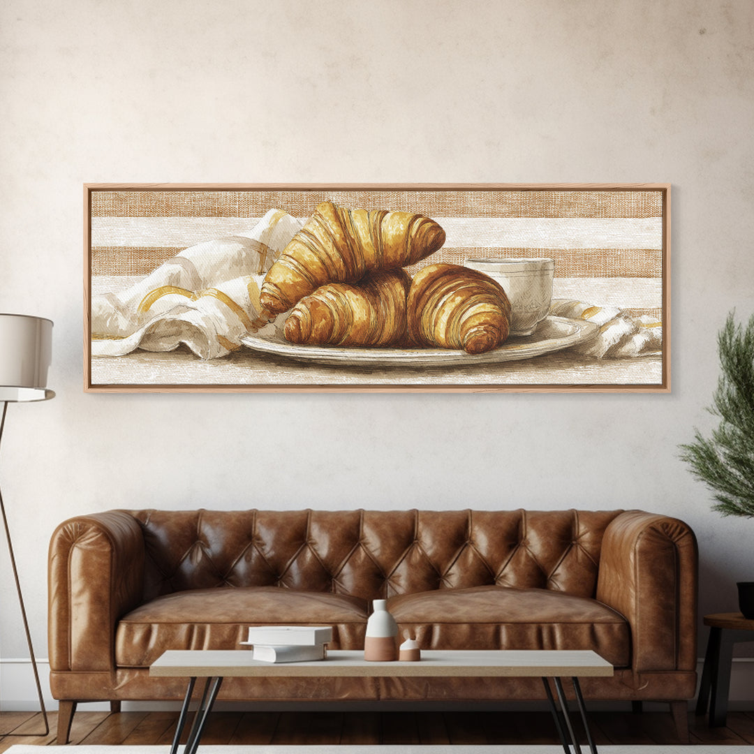 Buttery Croissants Stacked on Striped Linen Framed Canvas Print, Bakery Art, Dining Room Art, Bakery Decor, Abstract Art, BAK-3x1-17