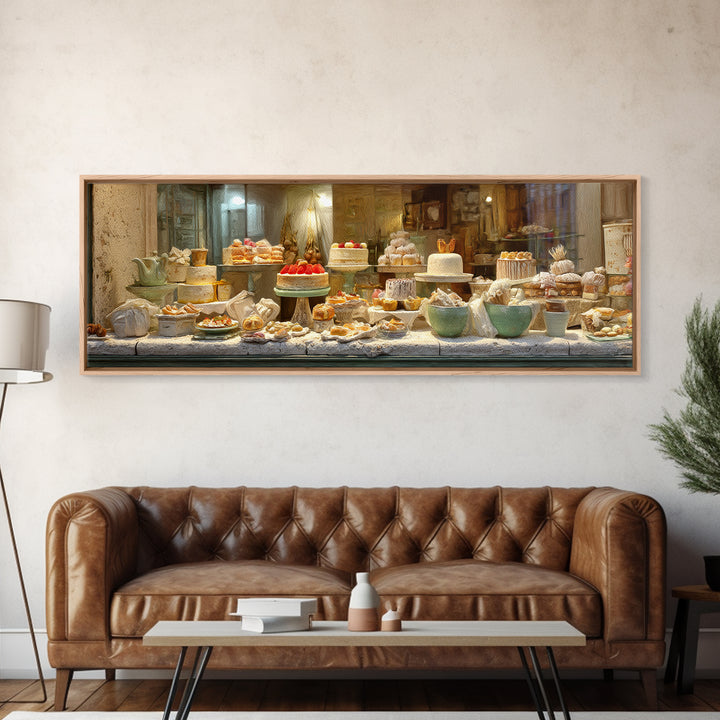 French Patisserie Window Display of Pastel Pastries Framed Canvas Print, Bakery Art, Watercolor Art, Bakery Decor, Patisserie, BAK-3x1-18